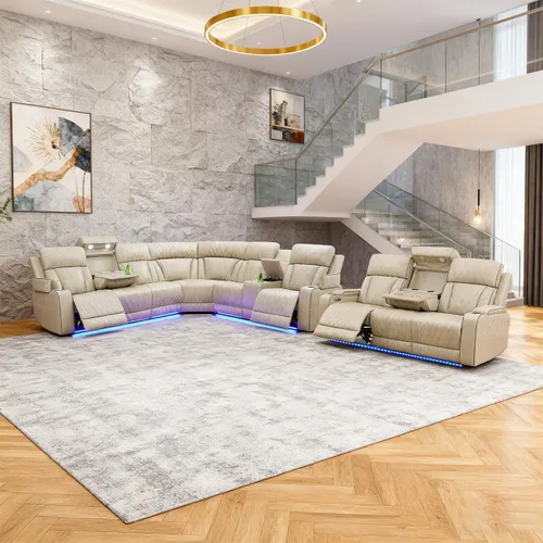 Miniatura 32 de Juego de sofá modular reclinable eléctrico para sala de estar, juego de sofá reclinable de cuero con luces LED / almacenamiento oculto, sofá