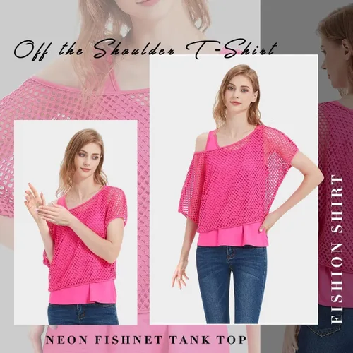 Miniatura 3 de WILDPARTY Camiseta casual sexy de los años 80 para mujer, diseño de red de neón con hombros descubiertos, dos piezas