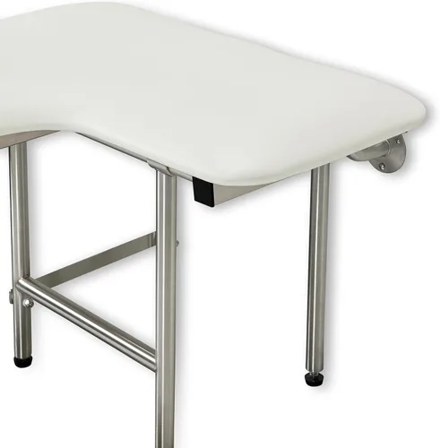Miniatura 7 de Asiento de ducha plegable para diestros de 32 x 22.5 pulgadas, para montaje en pared, acolchado blanco, con patas, cumple con ADA