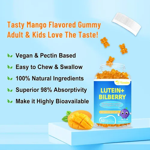 Miniatura 6 de Gomitas de luteína y zeaxantina de 20 mg con arándano, astaxantina, omega 3, vitamina C, E, suplemento de salud ocular sin azúcar para adultos