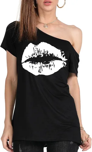 Miniatura 2 de MAGICMK - Camiseta casual para mujer, con estampado de labios y hombro descubierto, talla extragrande