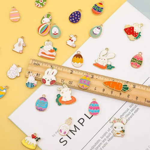 Miniatura 3 de SANNIX 110 dijes de Pascua, dijes de Pascua para hacer joyas, surtido de huevo, pollo, conejo, conejo a granel, esmalte dorado, colgantes