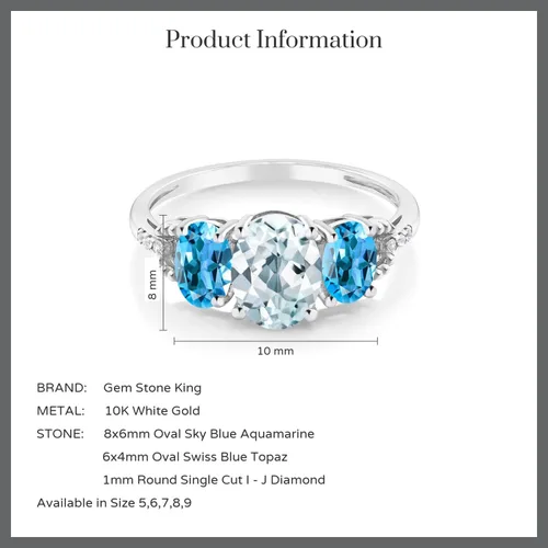 Miniatura 4 de Gem Stone King Anillo de compromiso ovalado de oro blanco de 10 quilates, azul cielo, aguamarina, topacio azul suizo y acento de diamantes de 3