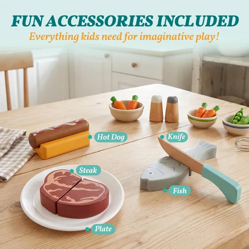 Miniatura 6 de WOODENFUN Microondas de juguete de madera para niños, juego de cocina con luz y sonido, accesorios de cocina de juego de simulación, juguete