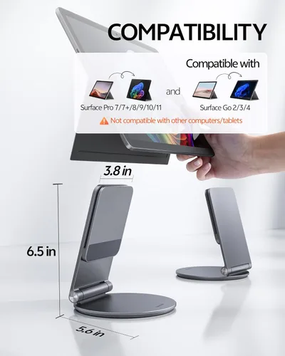 Miniatura 3 de LULULOOK Soporte para Surface Pro/Go - Base giratoria de aleación de aluminio de 360°, soporte plegable para tableta/elevador para Microsoft Surface
