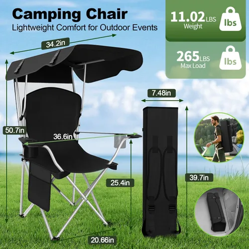 Miniatura 2 de VTOY Silla de camping portátil con dosel, silla plegable con toldo, silla Oxford 600D duradera para camping, playa, picnic, pesca y deportes