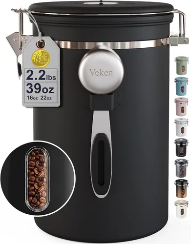 Veken Recipiente de café grande con ventana, recipiente hermético de acero inoxidable para almacenamiento de alimentos de cocina para granos de café