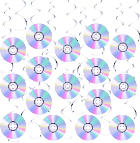 Juego de 32 decoraciones de fiesta de los años 90, diseño retro de espirales colgantes, CD disco recortado, decoración de pared, letrero para fiesta