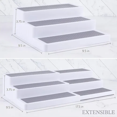 Miniatura 2 de Oizeir Especiero de plástico expandible de 3 niveles, longitud ajustable, estabilidad con estante antideslizante, tres niveles para una fácil
