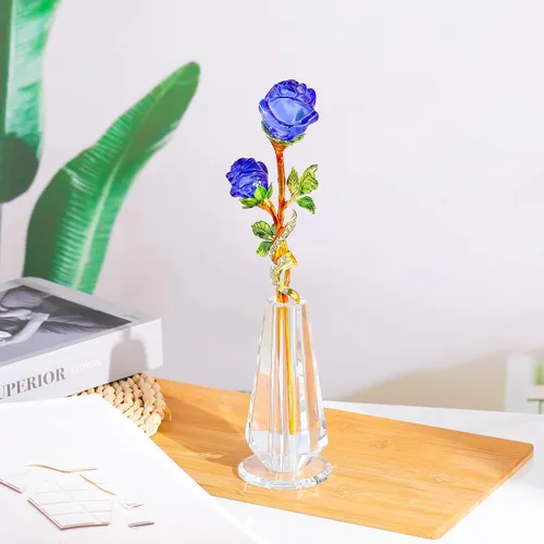 Miniatura 7 de YWHL Figura de flor de rosa azul hecha a mano con florero, ramo de flores de cristal, adorno de rosas para novia, hermana, mujer, flor de cristal