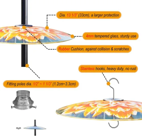 Miniatura 2 de Protector de lluvia de vidrio de 13 pulgadas para comedero de pájaros al aire libre – deflector en poste de pastor/poste o gancho en S colgante