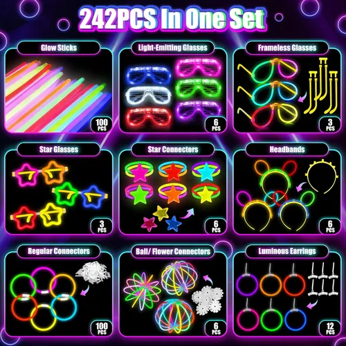 Miniatura 2 de TURNMEON Paquete de 125 Suministros de Fiesta que Brillan en la Oscuridad, Recuerdos de Fiesta Luminosos con 100 Barras Luminosas y 25 Gafas LED