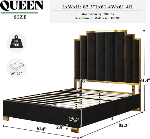 Miniatura 2 de AMERLIFE Cama tapizada tamaño Queen, marco de cama de terciopelo moderno con cabecera de ribete dorado de 61.4 pulgadas de alto, no necesita somier