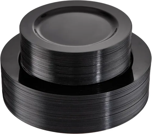 FLOWERCAT 100 platos de plástico negro, platos desechables negros resistentes para fiesta de cumpleaños, boda, día del padre, para 50 invitados,