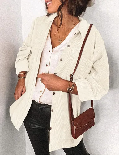 Miniatura 2 de Saslax Camisa de pana para mujer, de manga larga, con botones, cuello en V, holgada, chaqueta