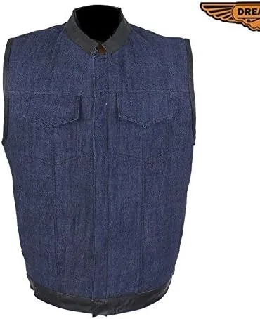 Miniatura 3 de Chaleco de mezclilla para hombre con ribete de cuero, 2 bolsillos para pistola