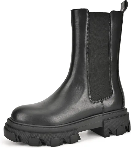 READYSALTED Botas de motociclista negras gruesas con suela de media pantorrilla con cordones y cremallera lateral para mujer (DENAH)