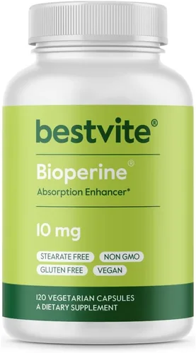 BESTVITE Bioperine 10mg (120 cápsulas vegetarianas) - Sin estearatos - Vegano - Sin OMG - Sin gluten - Potenciador de absorción