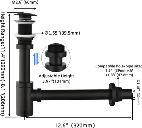 Miniatura 3 de Juego completo de tapones para lavabo de baño, trampa en forma de P, ajustable, 1-1/4, trampa para botellas, de latón macizo, tubo y tapón de 03orb