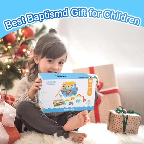 Miniatura 10 de KMTJT Juego de animales de juguete de madera del arca de Noé para niños pequeños, regalos de bautismo para niños de 1, 2, 3, clasificador de formas
