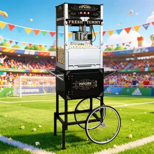 Miniatura 11 de Máquina de palomitas de maíz con carrito y ruedas, máquina de palomitas de maíz con hervidor de acero inoxidable de 14 onzas, para el hogar, Rojo