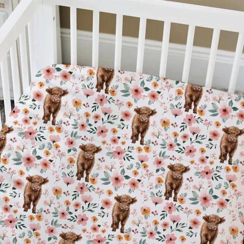 Miniatura 6 de HawSkgFub Highland Cow - Sábana bajera para cuna estándar y bohemia para bebé, funda de colchón retro de animales de granja occidental, flor de yak