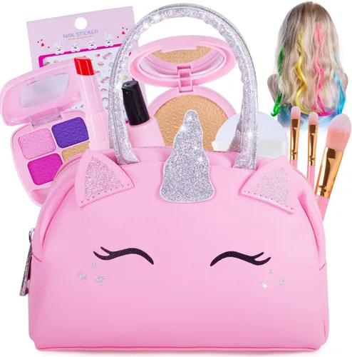 Kit de maquillaje de simulación para niñas pequeñas con bolso de unicornio: juego de juguetes de maquillaje falso (no real) para niños pequeños y