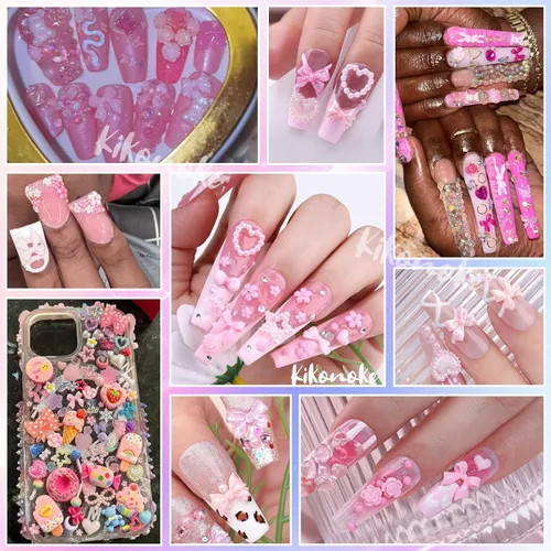 Miniatura 8 de Lindos dijes para uñas 3D, 100 piezas de conejo mariposa flor lazo, dijes de arte para uñas mixtos de diamantes de imitación de uñas con parte Rosa