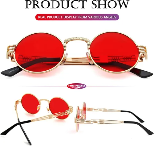 Miniatura 6 de AIEYEZO Gafas de sol redondas steampunk Circle Lennon Hippie marco de metal lente de bloqueo UV 100