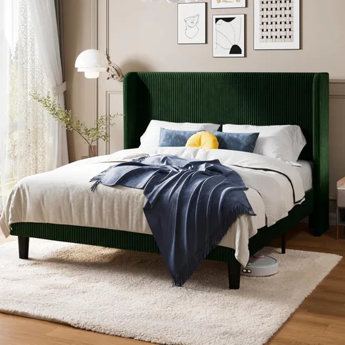 Miniatura 15 de Allewie - Base de cama tamaño Queen con cabecera tapizada de ala de respaldo, plataforma de cama de terciopelo corduroy acolchado con diseño Negro