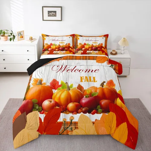 Miniatura 9 de Erosebridal Juego de edredón de gatos lindos para niños, juego de ropa de cama de calabaza y hoja de arce para niñas y niños, juego de edredón
