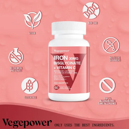 Miniatura 8 de Suplemento de bisglicinato de hierro para mujeres y hombres, pastillas de hierro de 30 mg con vitamina C, B12, ácido fólico, hierro quelado