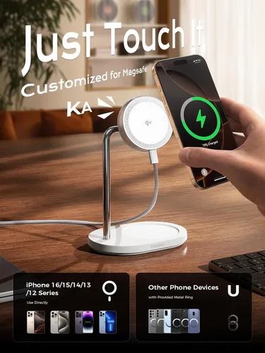 Miniatura 5 de THREEKEY Estación de carga, para cargador magnético con rotación de 180°, almohadilla de carga rápida Qi2 de 15 W con imanes de doble cara, soporte