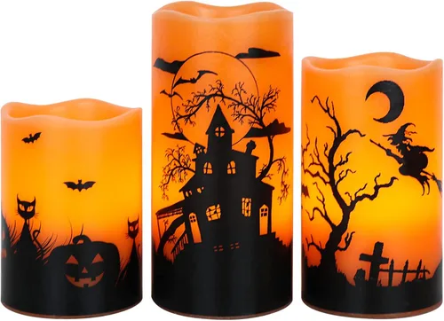 Velas de Halloween sin llama con temporizador de 6 horas, velas LED naranjas parpadeantes de cera real, bruja, murciélagos, castillo, calcomanías