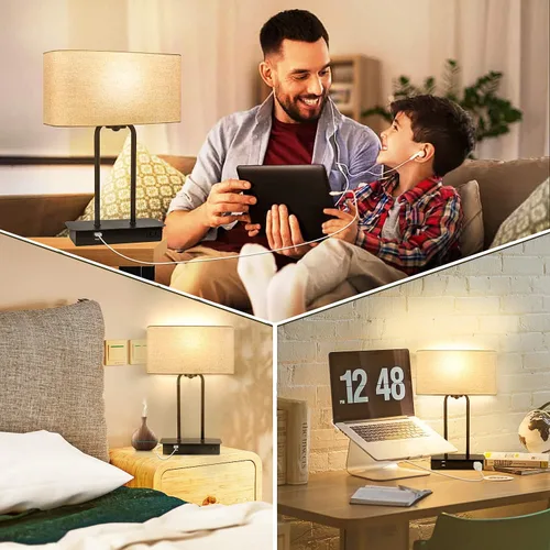 Miniatura 7 de Lámpara de mesa con control táctil regulable en 3 vías con 2 puertos USB y toma de corriente AC, lámpara moderna de mesita de noche con pantalla