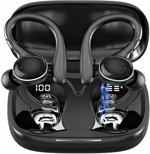 Auriculares inalámbricos Bluetooth 5.3 con cancelación de ruido, auriculares estéreo con micrófono IPX7 resistentes al agua con gancho para teléfono