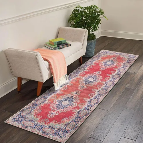 Miniatura 3 de DECOMALL Alfombra lavable de 2 pies 6 x 9 pies, alfombra para pasillo con respaldo de goma, antideslizante para cocina Rojo rosa