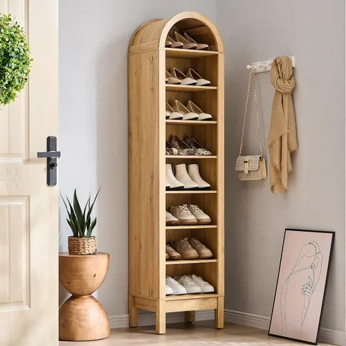 Miniatura 18 de IFGET Armario de almacenamiento de zapatos arqueado de 67 pulgadas de alto, 8 niveles y 8 pares de zapateros de madera con 3 estantes ajustables