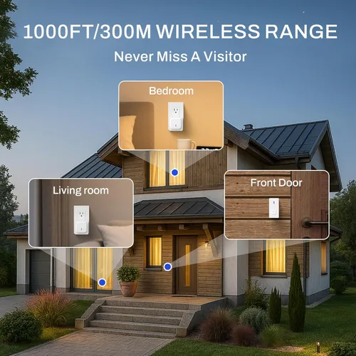 Miniatura 4 de BN-LINK Timbre inalámbrico con 2 botones, mini timbre de puerta impermeable, fácil instalación, rango de 1000 pies, volumen ajustable y 58 Blanco