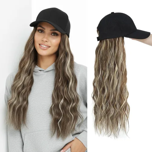 Miniatura 18 de Gorra de béisbol con peluca de cabello largo ondulado natural, con gorra, resistente al calor, mezcla sintética marrón rubio, fibras ajustables