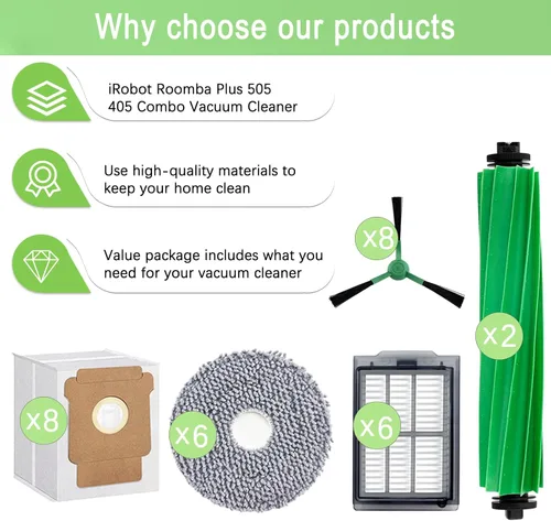 Miniatura 7 de Kit de piezas de repuesto para aspiradora iRobot Roomba Plus 505 Combo 405 Combo, 2 cepillos rodillos, 6 almohadillas de fregado, 6 filtros, 8