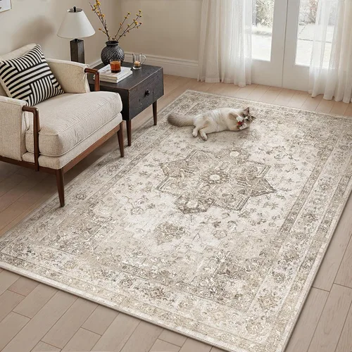 Miniatura 50 de PureCozy - Alfombra de área beige de 8 x 10, lavable, vintage, alfombra para sala de estar, dormitorio, gran alfombra suave retro de pelo bajo