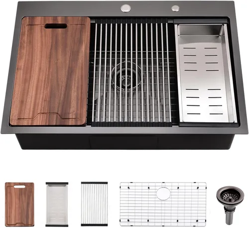 Miniatura 28 de Estación de trabajo de fregadero de cocina de 33 pulgadas - VOKIM 33 x 22 pulgadas, fregadero de cocina de montaje superior de 16 calibre, fregadero