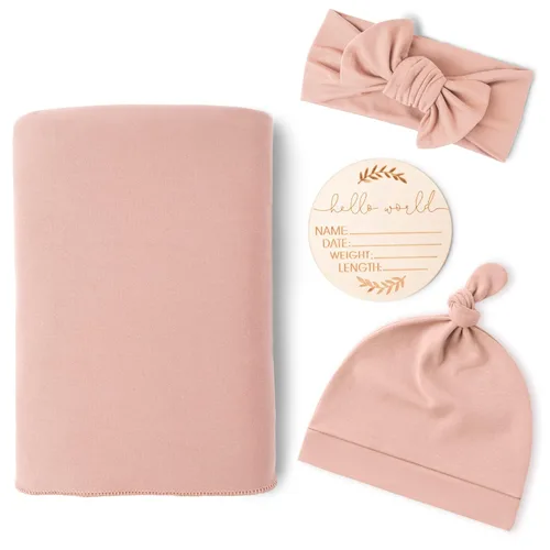 Miniatura 9 de Konssy Manta de Recién Nacida para Bebé Niña con juego de Banda para la Cabeza y Gorrito Set Manta Envolvente para Bebé para Guardería Crema