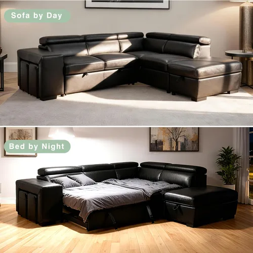 Miniatura 4 de THSUPER Sofá Seccional Reclinable de Cuero de 103 pulgadas en Forma de L con Cama Extraíble y Otomana de Almacenamiento, Sofás Convertibles