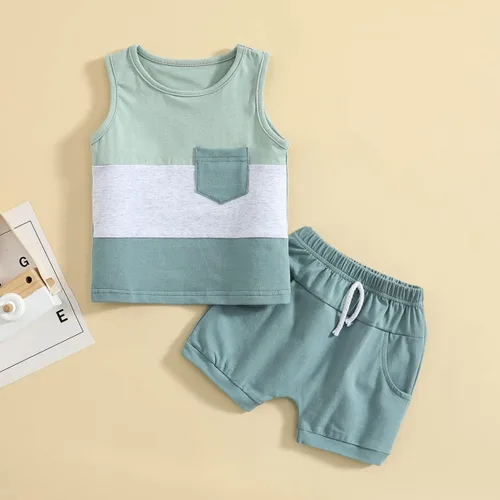 Miniatura 44 de Conjunto de ropa casual de manga corta con botones y pantalones cortos de lino para bebés y niños pequeños