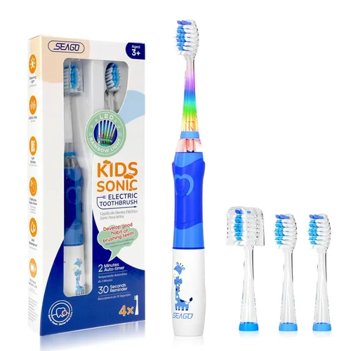 SEAGO Cepillo de dientes eléctrico para niños con temporizador de cepillado de 2 minutos y 4 cabezales de cepillo de repuesto, luz LED arcoíris que