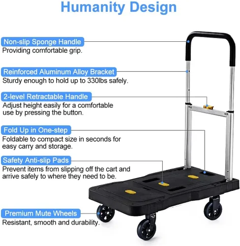 Miniatura 5 de Carro plegable de mano resistente mejorado con ruedas, carrito portátil de 330 libras, mango ajustable para equipaje, mudanzas, viajes, compras