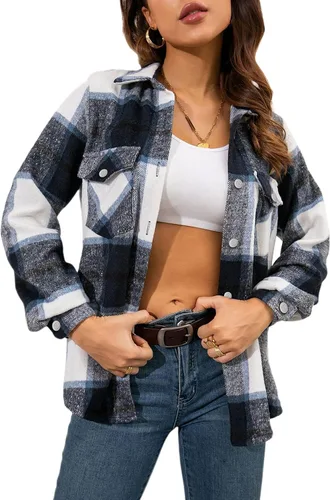 Miniatura 25 de Tanming - Chaquetas de franela cepillada para mujer, a cuadros, con botones, solapas y bolsillos, camisa tipo chaqueta