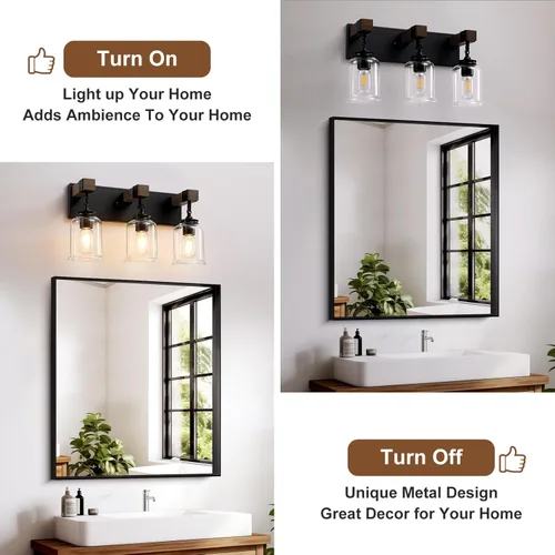 Miniatura 6 de VbiTmn Lámparas de Baño Estilo Granja, Lámpara de Tocador de Baño de 3 Luces Negro Mate, Estilo Industrial con Pantallas de Vidrio Transparente